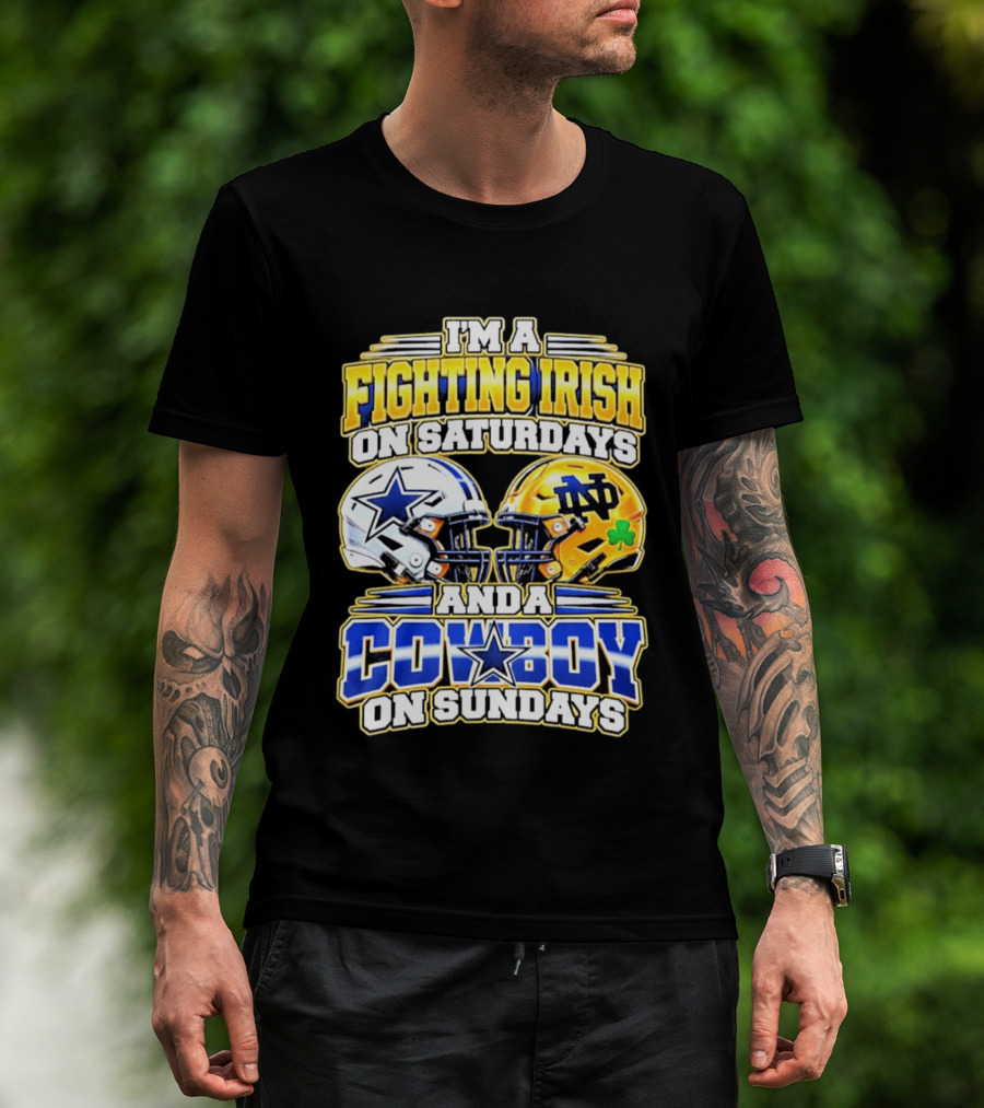 I'm A Fighting Irish On Saturdays And A Cowboy On Sundays Football Helmet Star Clover T-Shirt