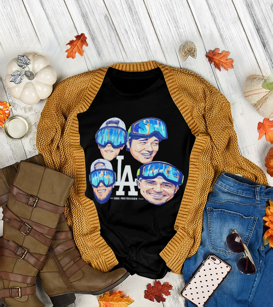 Los Angeles Dodgers 2026 Postseason Big Head LA Goggles MAMA SMILE MIKE T-Shirt