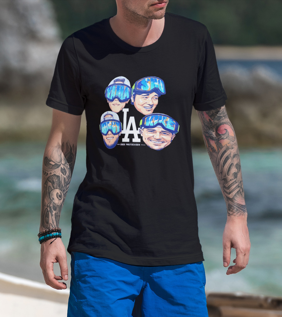 Los Angeles Dodgers 2026 Postseason Big Head LA Goggles MAMA SMILE MIKE T-Shirt