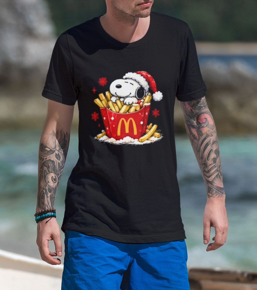 McDonalds Holiday Snoopy Christmas Fries Santa Hat Festive Fast Food Wishes T-Shirt