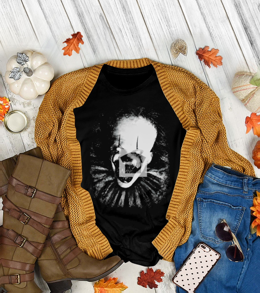 Pennywise The Dancing Clown Horror Movie Halloween Scary Face With Ruffled Collar T-Shirt