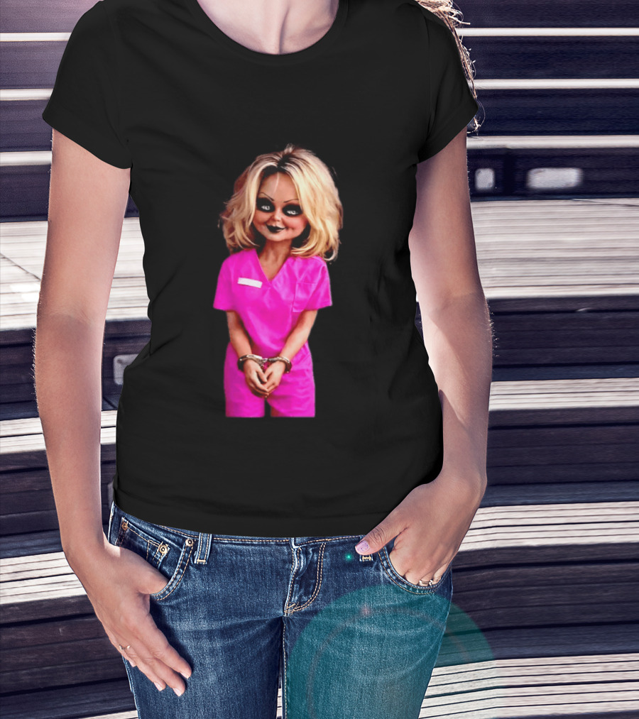 Tiffany Valentine Chucky Doll Pink Prison Uniform Halloween Costume T-Shirt