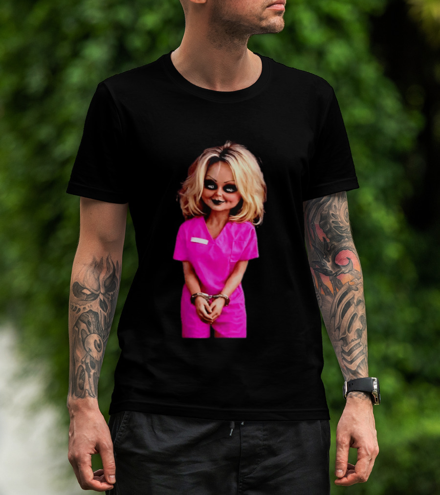 Tiffany Valentine Chucky Doll Pink Prison Uniform Halloween Costume T-Shirt