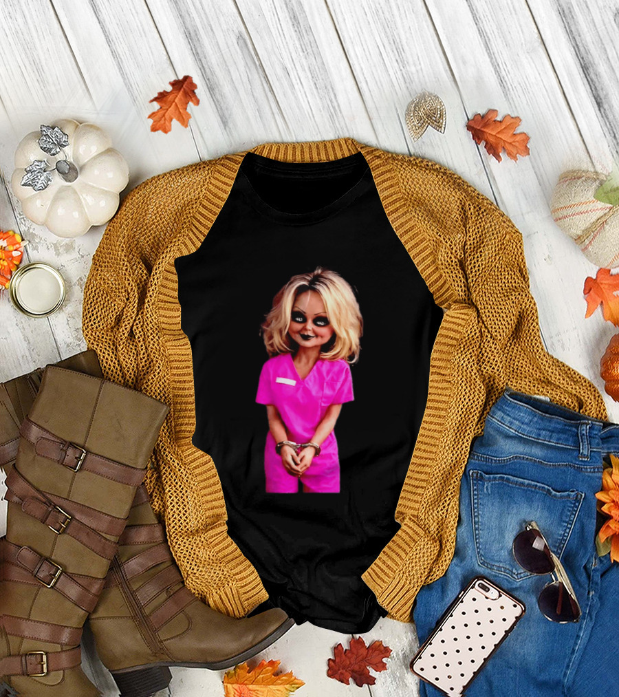 Tiffany Valentine Chucky Doll Pink Prison Uniform Halloween Costume T-Shirt