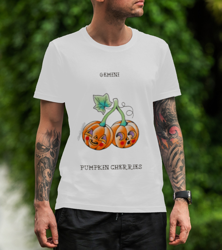 Gemini Pumpkin Cherries Zodiac 2026 Halloween Twins T-Shirt