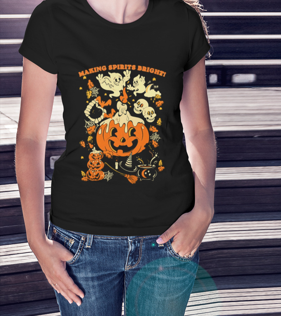 Making Spirits Bright Halloween Pumpkin Ghost Skull T-Shirt