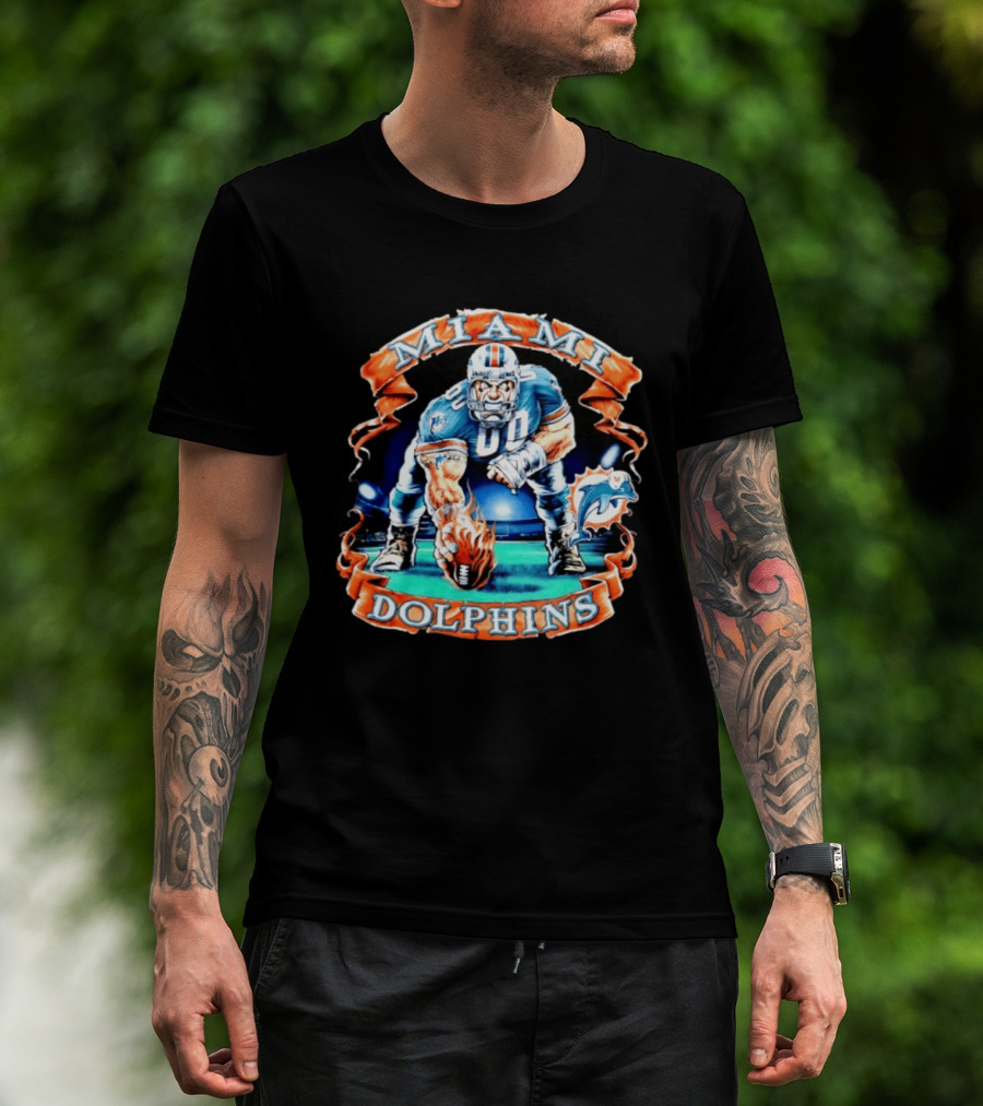 Miami Dolphins Big Man On Football Field With Flame Ball T-Shirt