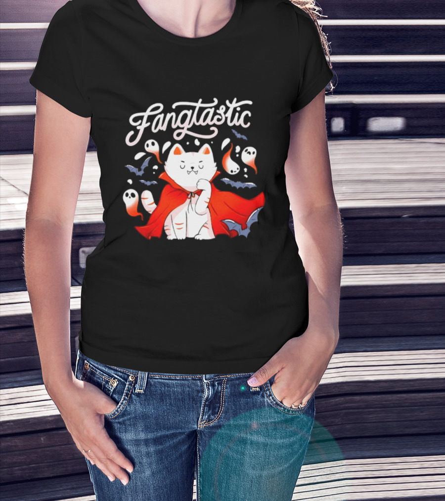Fangtastic Vampire Cat With Ghosts And Bats Halloween 2026 T-Shirt