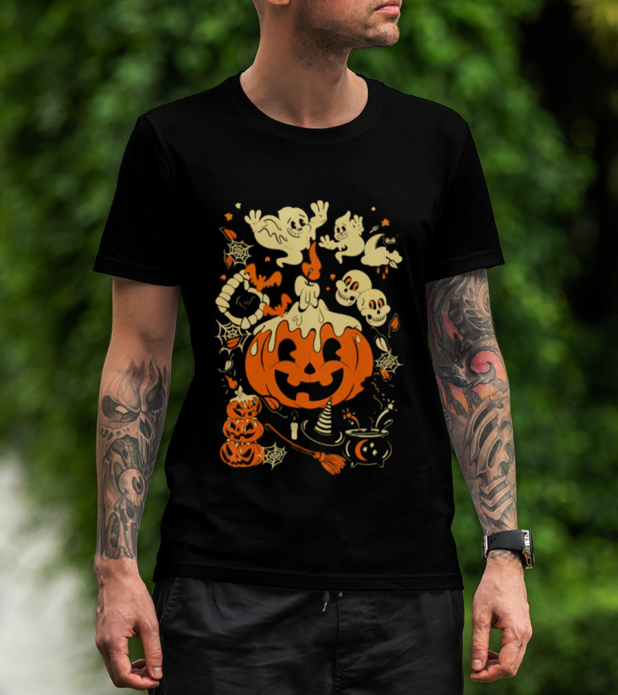 Halloween Pumpkin Ghost Skull Witch Hat Cauldron Spooky Bat T-Shirt