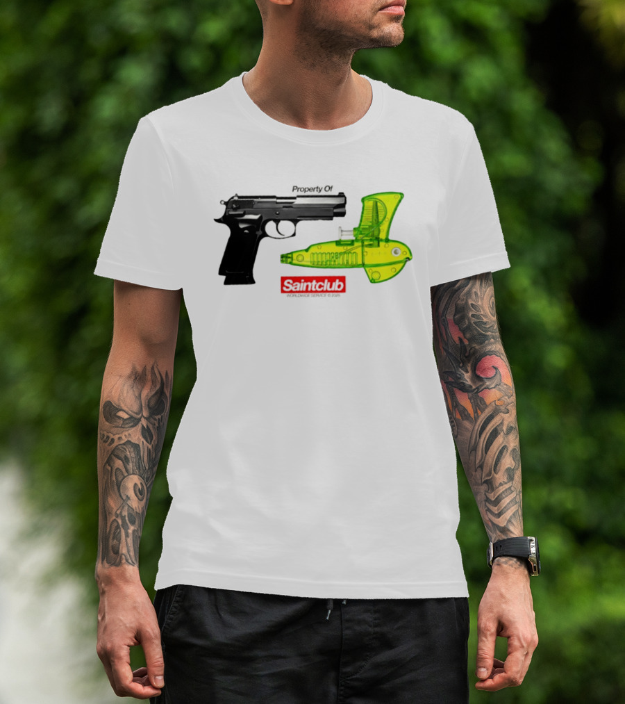 Pistol Property Saintclub Worldwide Service 2026 Black And Green Water Guns T-Shirt