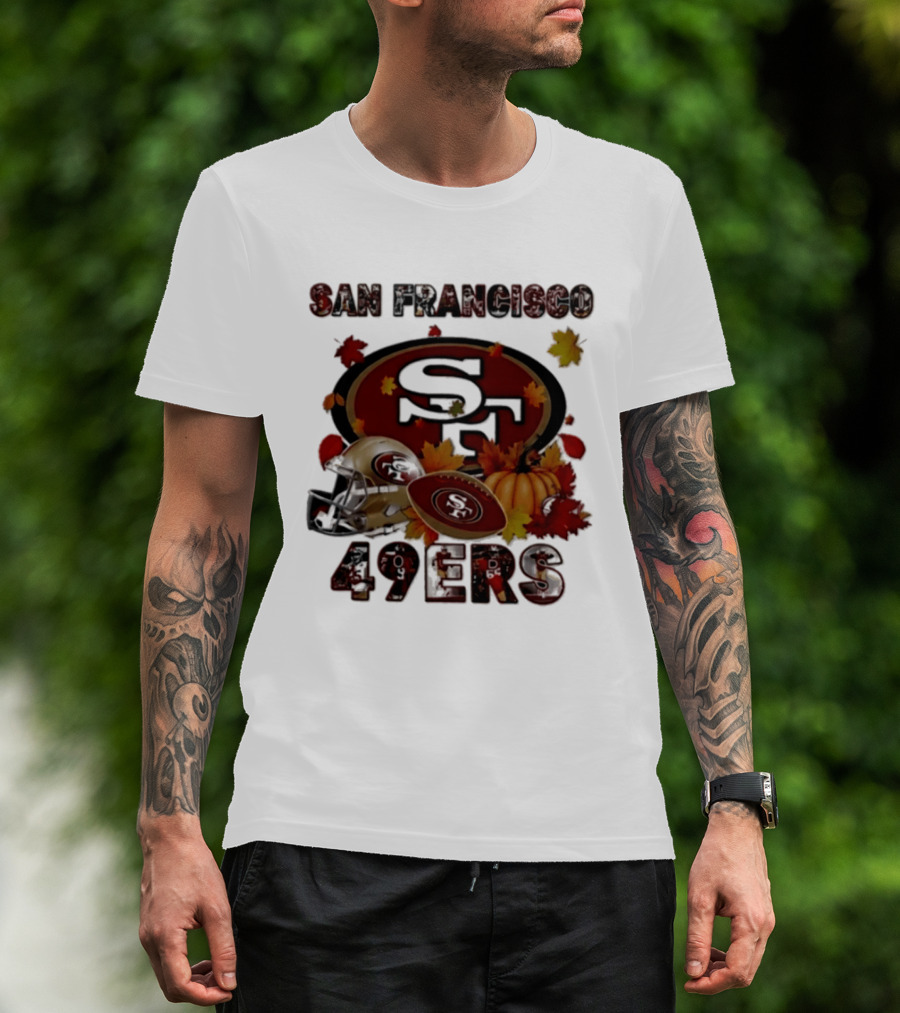 San Francisco 49ers Autumn 2026 Football Helmet And Pumpkin Leaves T-Shirt