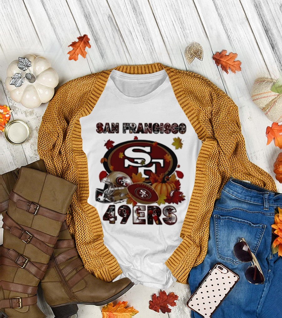 San Francisco 49ers Autumn 2026 Football Helmet And Pumpkin Leaves T-Shirt