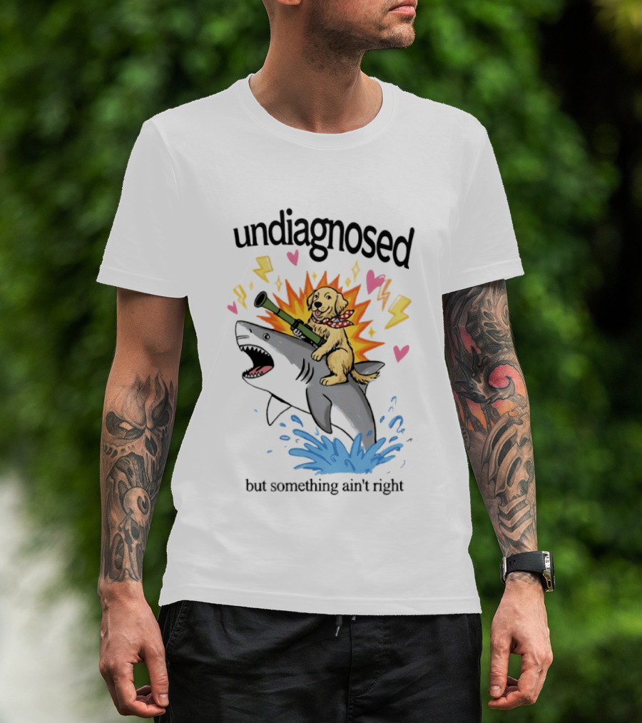 Undiagnosed But Something Ain't Right Golden Retriever Riding Shark Bazooka Hearts Lightning T-Shirt
