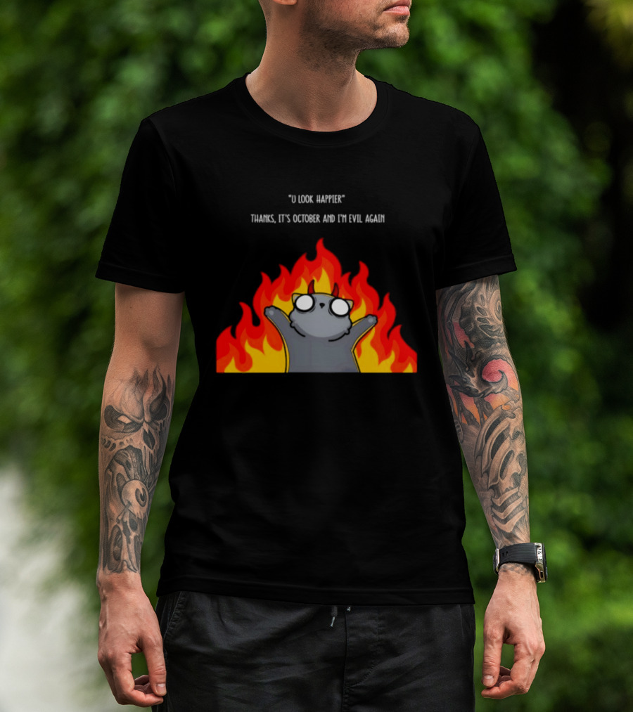U Look Happier Thanks It Is October And I Am Evil Again Cat In Flames T-Shirt