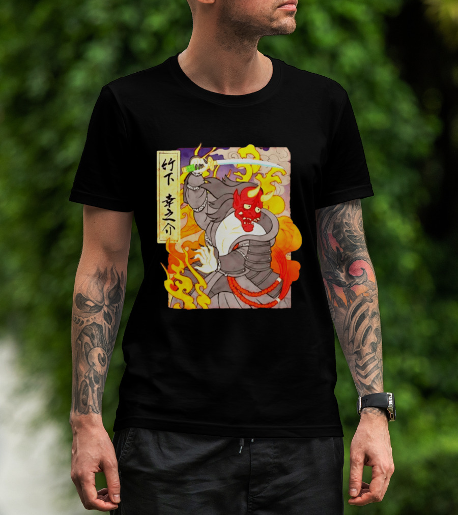 Konosuke Takeshita Demon Samurai AEW Collaboration With Japanese Inspired Flames And Sword T-Shirt