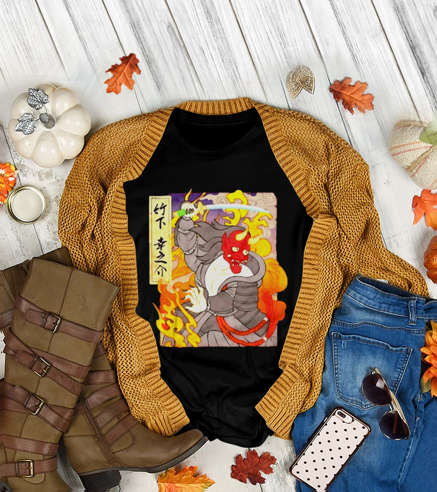 Konosuke Takeshita Demon Samurai AEW Collaboration With Japanese Inspired Flames And Sword T-Shirt