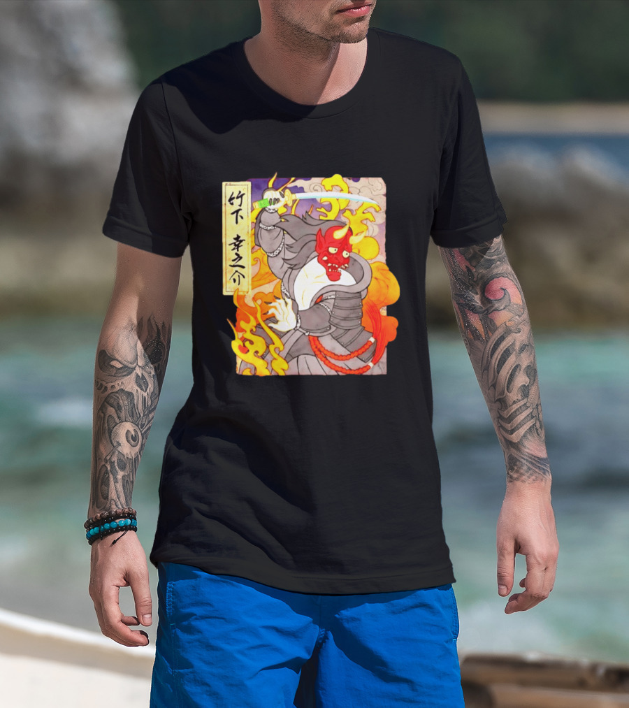 Konosuke Takeshita Demon Samurai AEW Collaboration With Japanese Inspired Flames And Sword T-Shirt