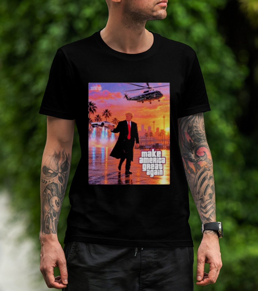 Make America Great Again Flying Cars Helicopter Sunset T-Shirt
