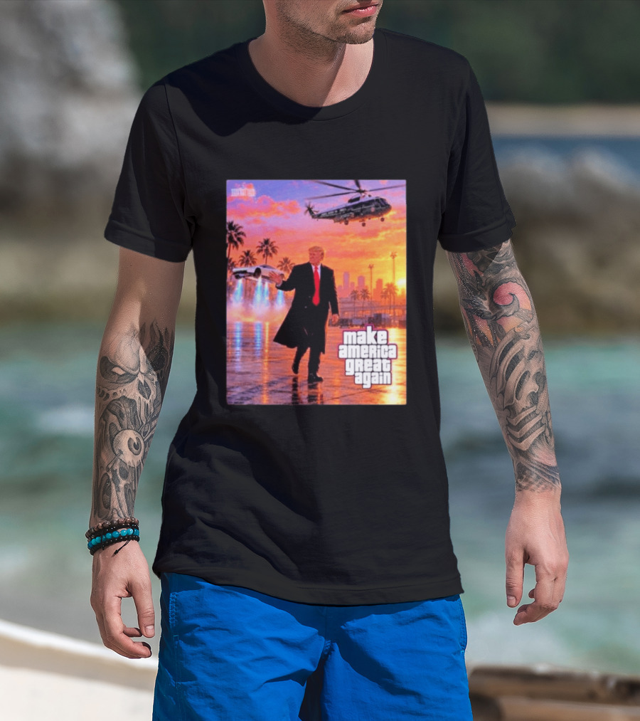 Make America Great Again Flying Cars Helicopter Sunset T-Shirt