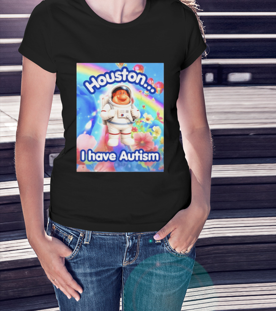 Houston I Have Autism Rainbow Astronaut Balloons And Flowers T-Shirt