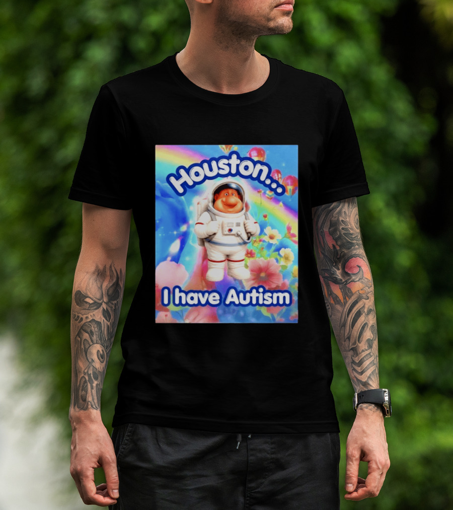 Houston I Have Autism Rainbow Astronaut Balloons And Flowers T-Shirt