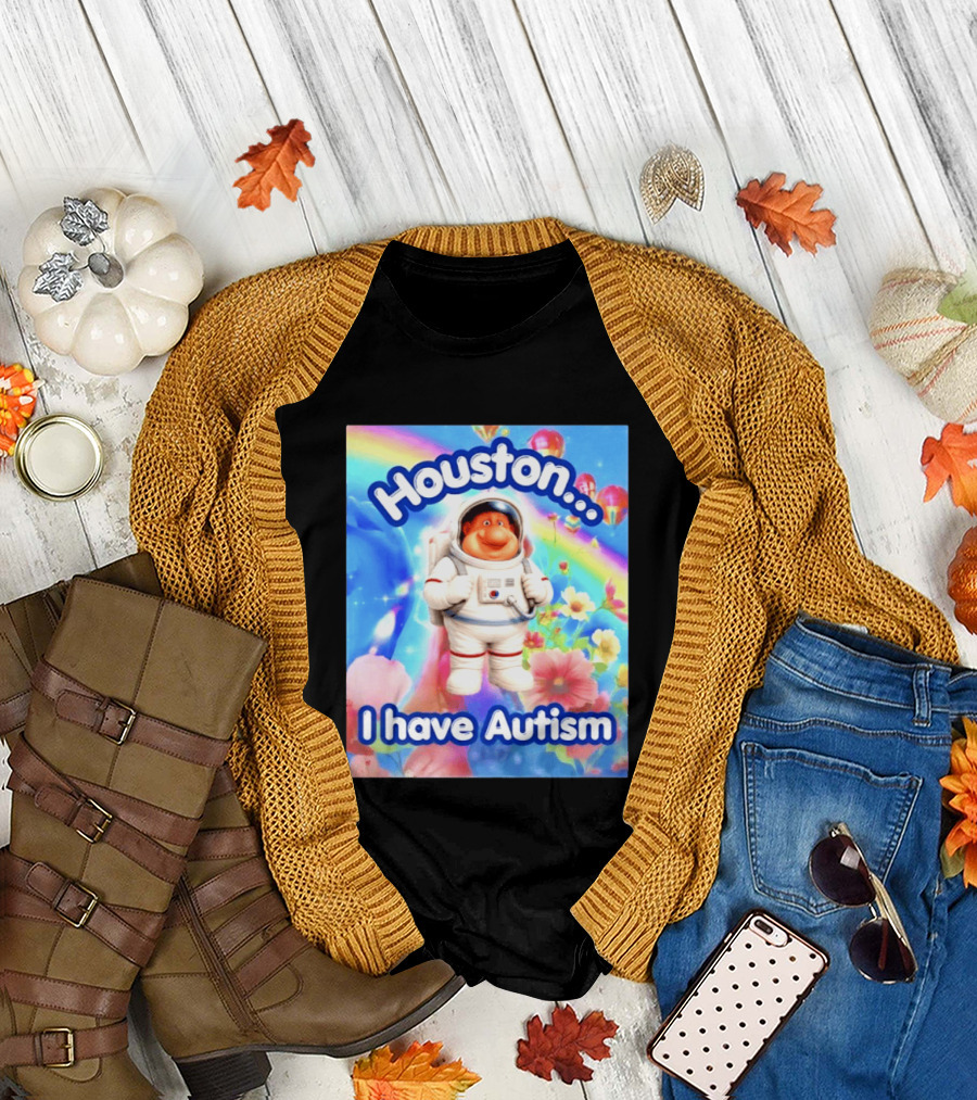 Houston I Have Autism Rainbow Astronaut Balloons And Flowers T-Shirt