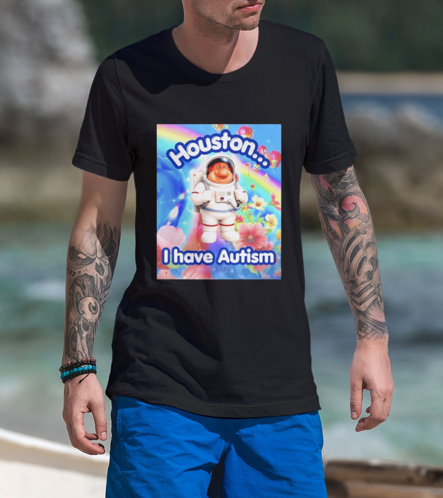 Houston I Have Autism Rainbow Astronaut Balloons And Flowers T-Shirt