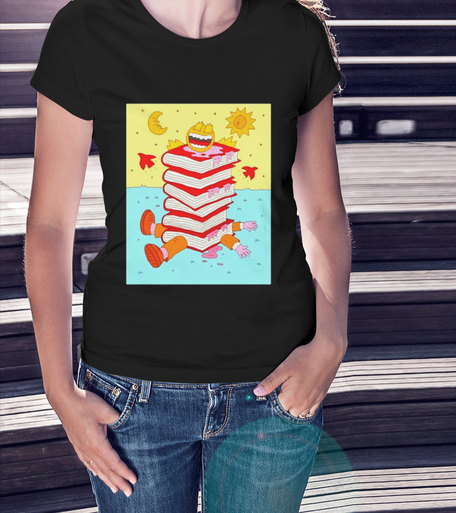 Smiling Face Moon Sun Birds Stack Of Books Reading T-Shirt