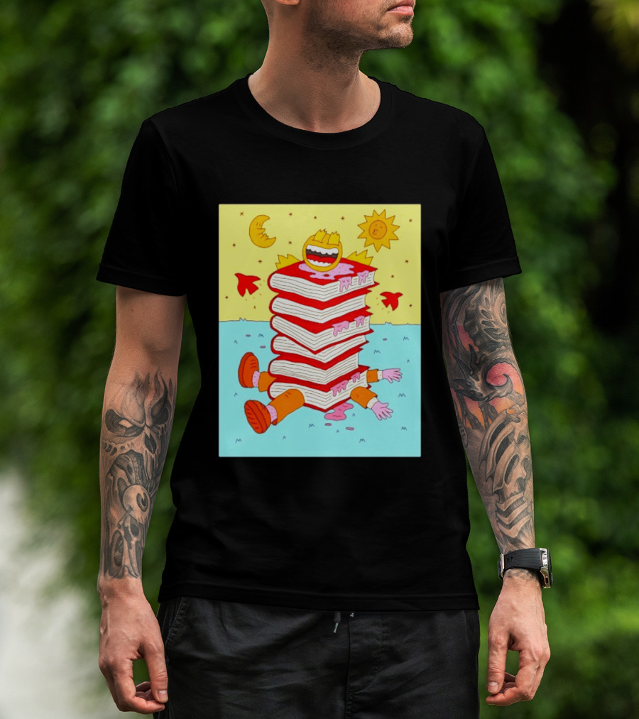 Smiling Face Moon Sun Birds Stack Of Books Reading T-Shirt