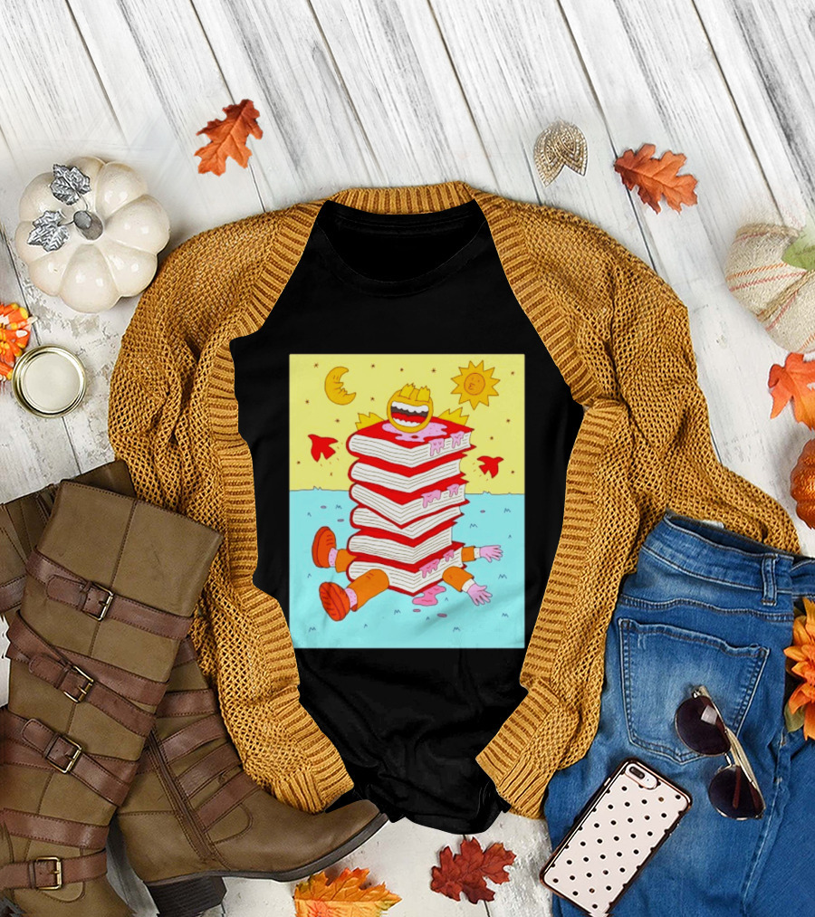 Smiling Face Moon Sun Birds Stack Of Books Reading T-Shirt
