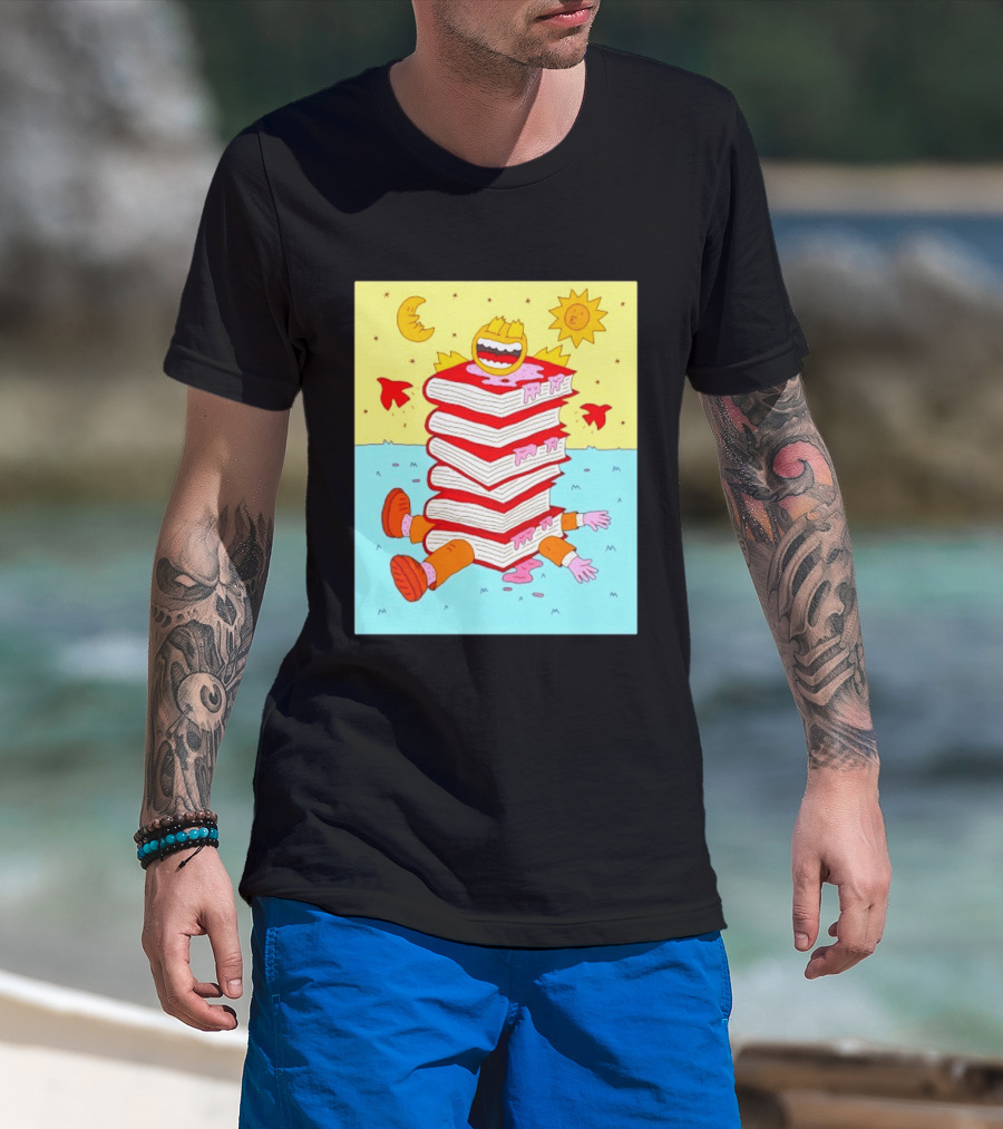Smiling Face Moon Sun Birds Stack Of Books Reading T-Shirt