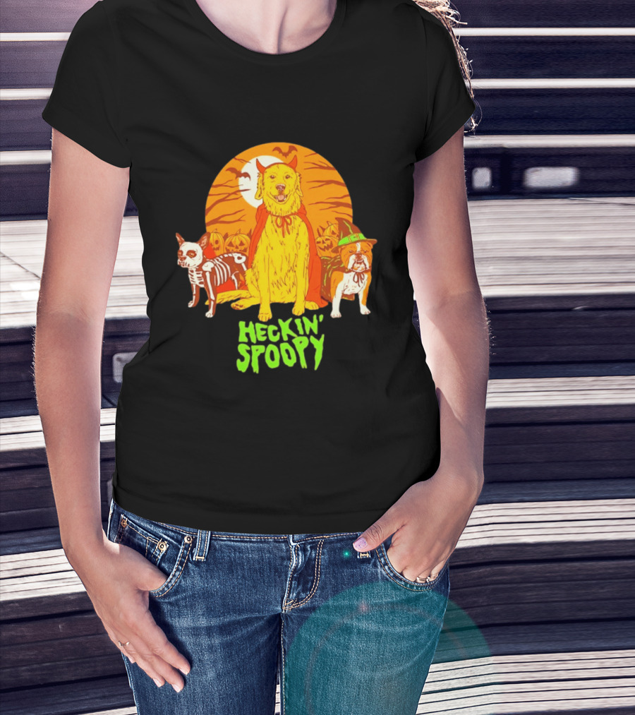 Heckin' Spoopy Dogs Halloween Golden Retriever Skeleton Costume Pumpkin Moon T-Shirt