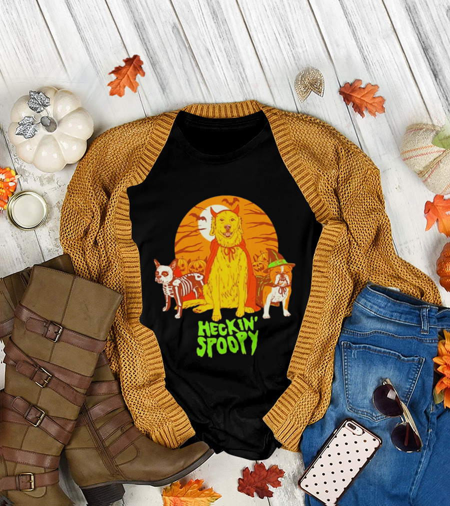Heckin' Spoopy Dogs Halloween Golden Retriever Skeleton Costume Pumpkin Moon T-Shirt