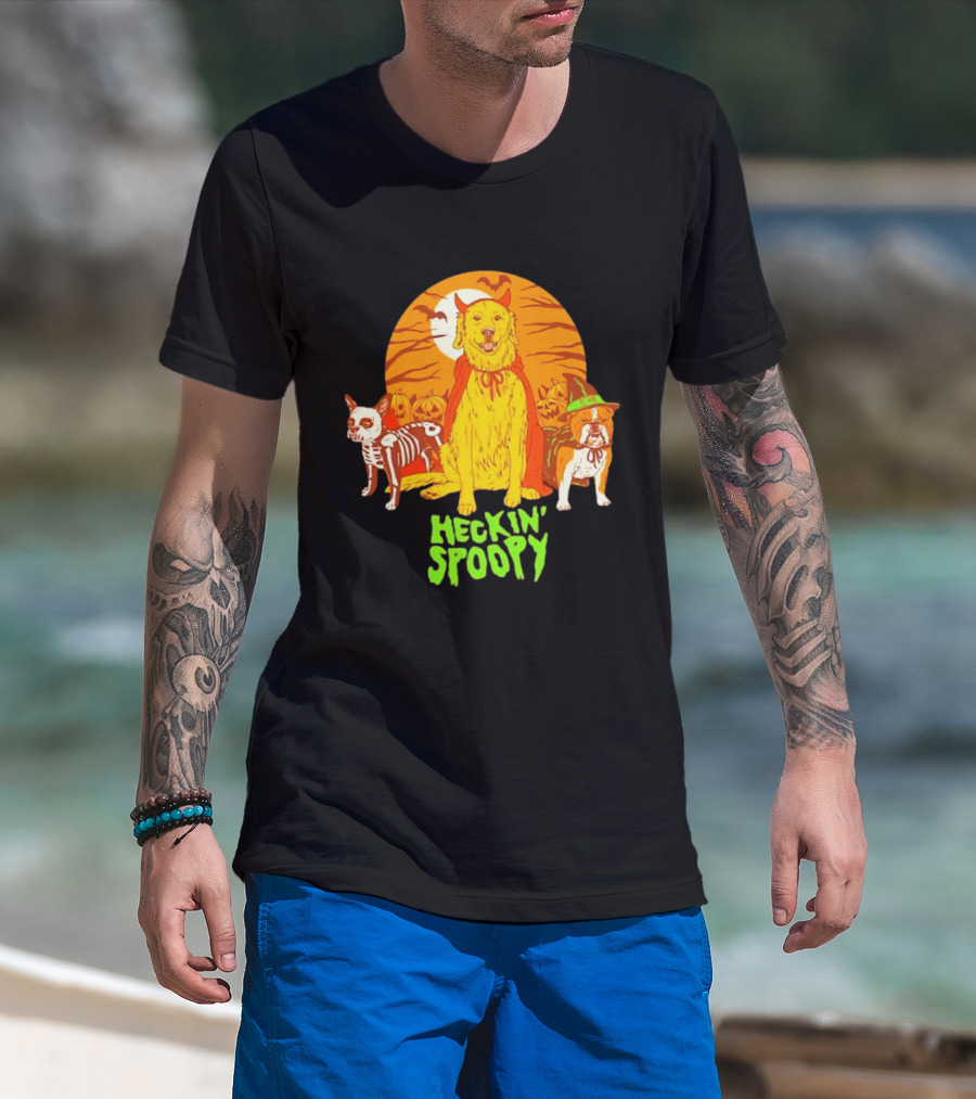 Heckin' Spoopy Dogs Halloween Golden Retriever Skeleton Costume Pumpkin Moon T-Shirt