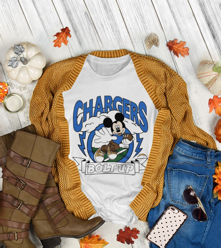 Los Angeles Chargers Mickey Mouse Bolt Up Football 2026 T-Shirt