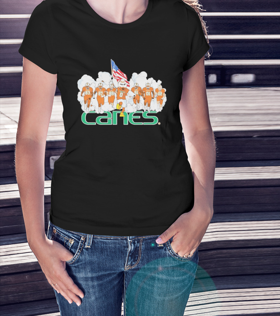 Miami Hurricanes Canes Running Through Smoke With American Flag Players 83 87 89 91 01 02 T-Shirt