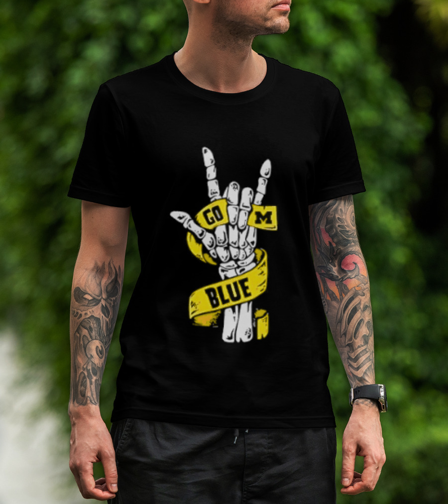 Michigan Wolverines Go Blue Skeleton Hand ILY Gesture T-Shirt