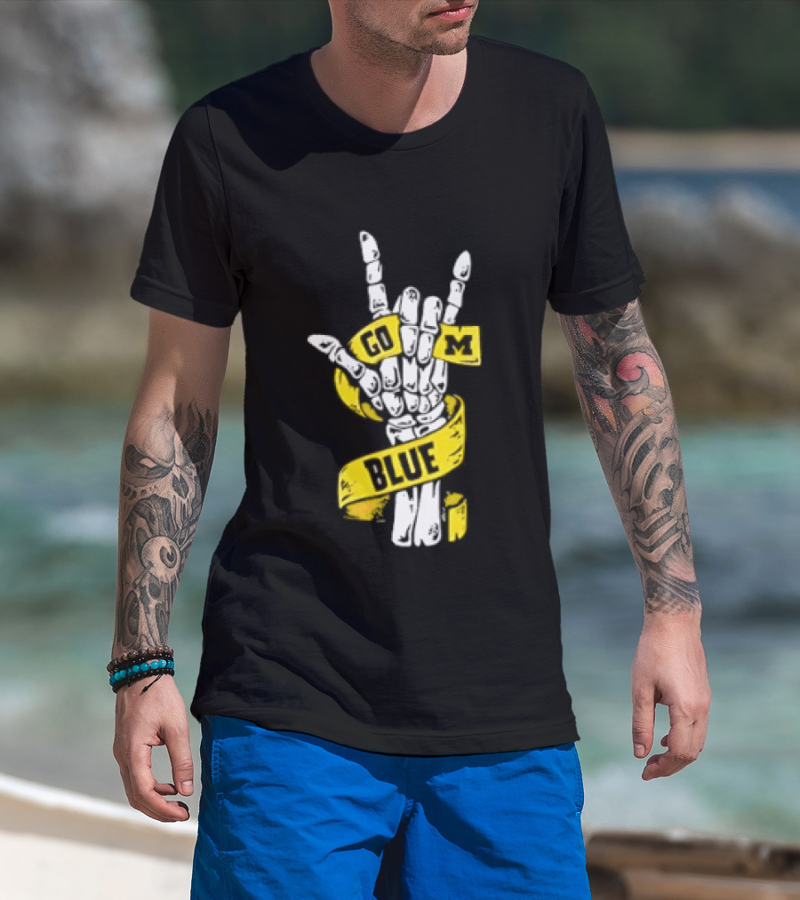 Michigan Wolverines Go Blue Skeleton Hand ILY Gesture T-Shirt