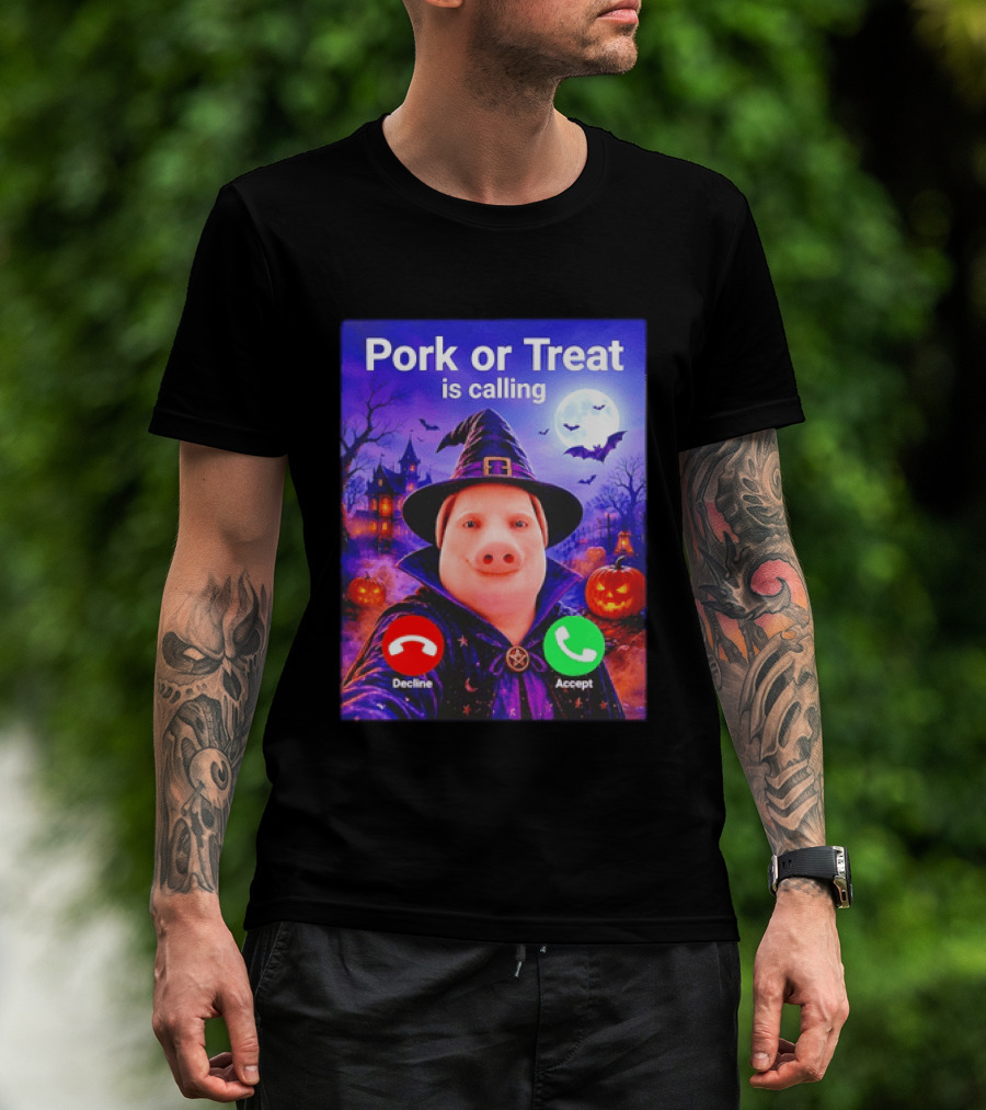 Pork Or Treat Is Calling Halloween Witch Pig Costume Moon Pumpkins T-Shirt