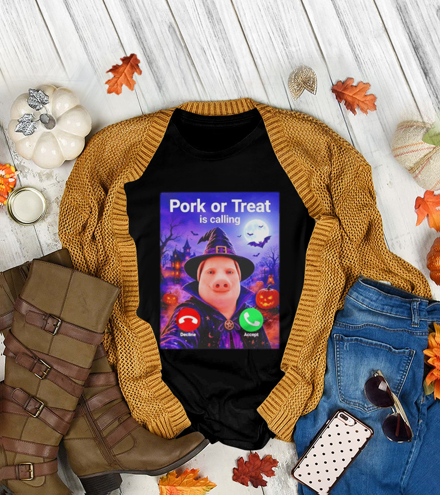 Pork Or Treat Is Calling Halloween Witch Pig Costume Moon Pumpkins T-Shirt