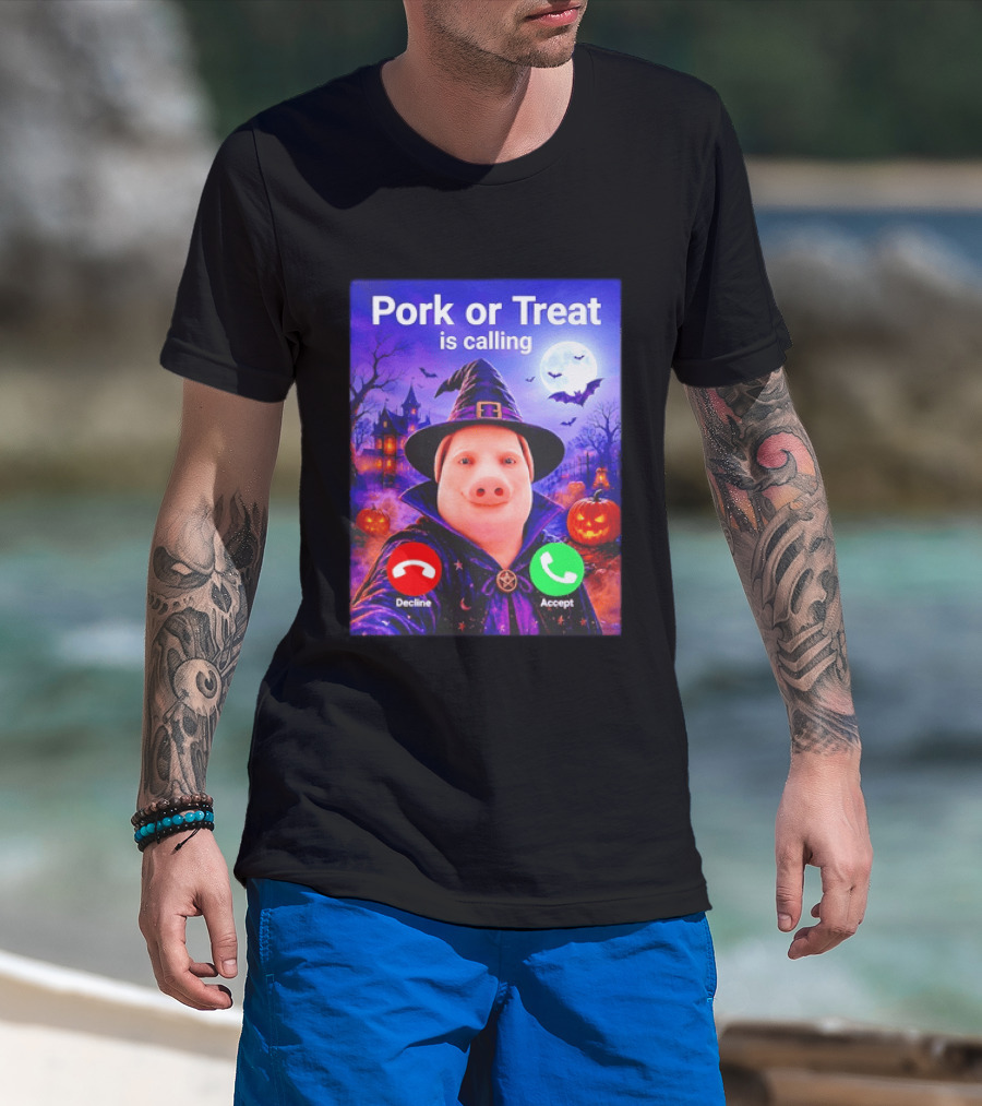 Pork Or Treat Is Calling Halloween Witch Pig Costume Moon Pumpkins T-Shirt