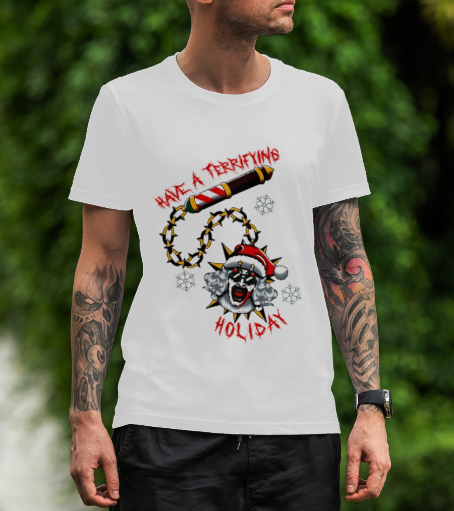 Terrifying Holiday Santa Clown With Spiked Barber Pole Chain T-Shirt