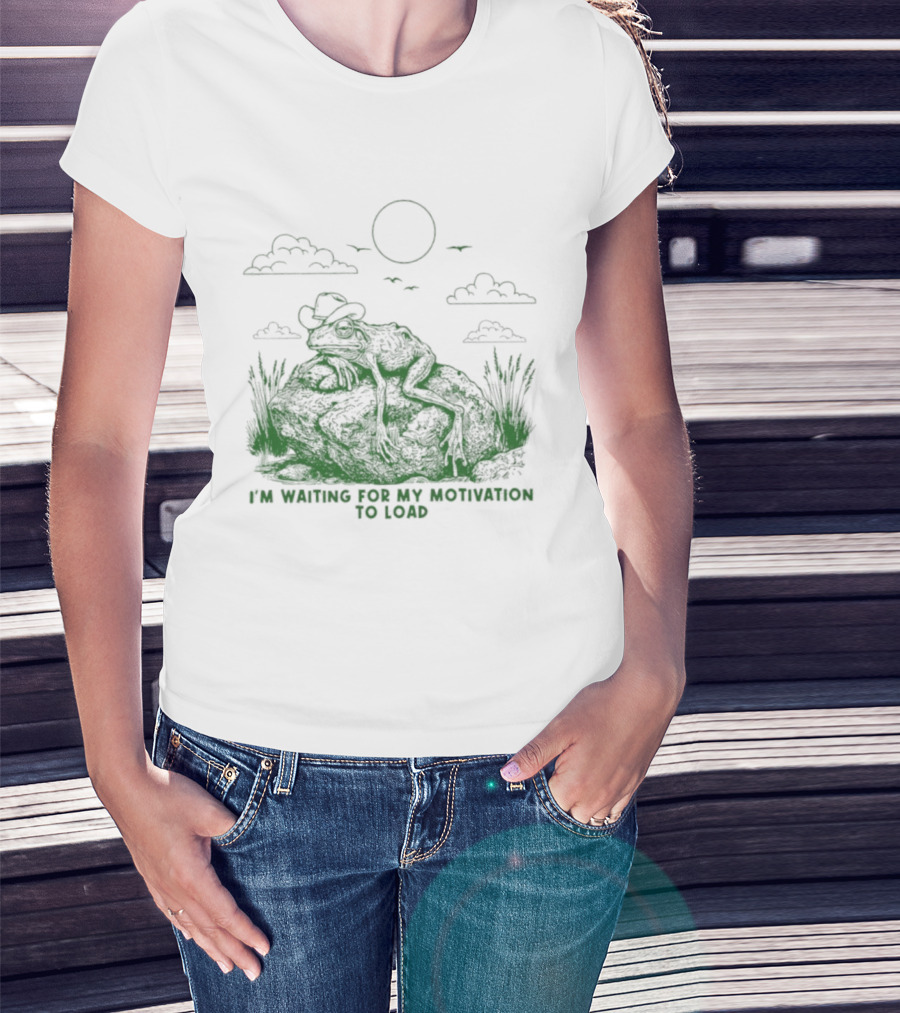 I'm Waiting For My Motivation To Load Cowboy Frog Sun Clouds T-Shirt
