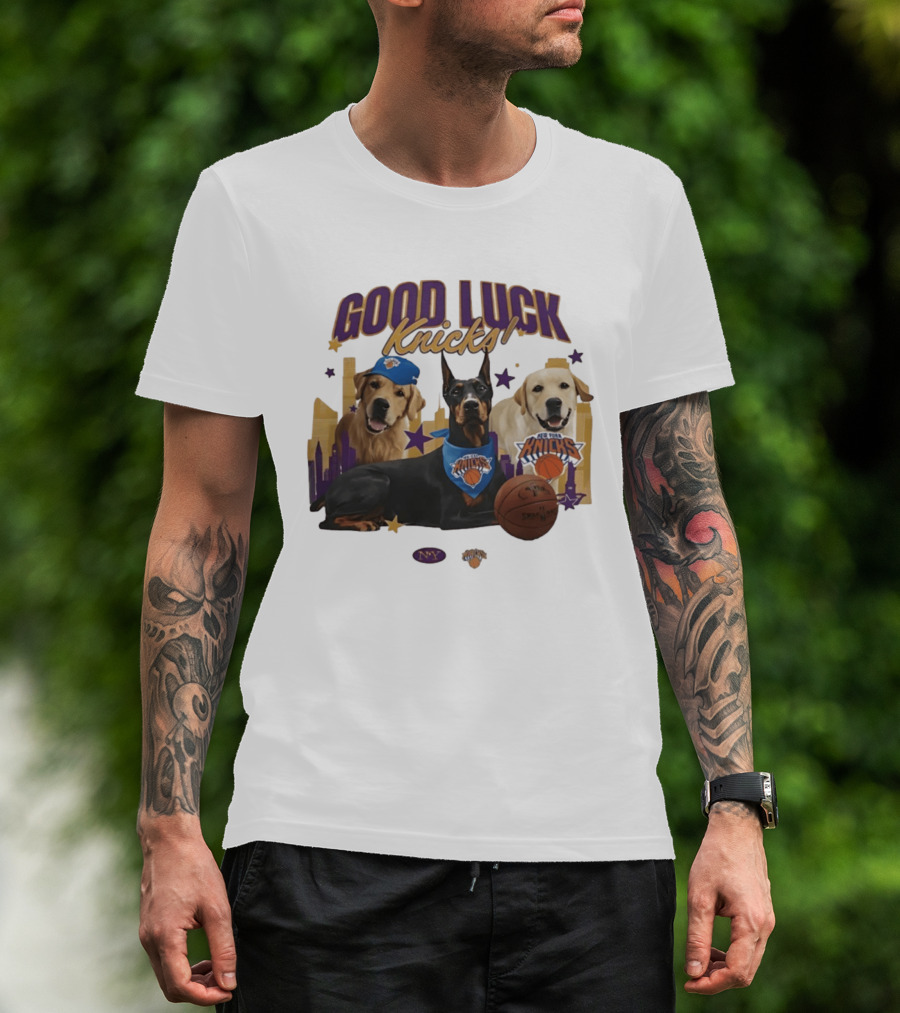 Good Luck Knicks NY Basketball Dogs With Skyline And Stars T-Shirt