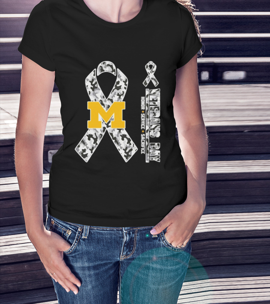 Michigan Wolverines M Logo Camouflage Ribbon Veterans Day 2026 Honor Service Sacrifice T-Shirt