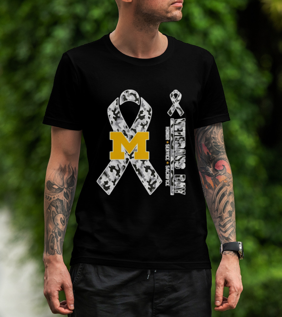 Michigan Wolverines M Logo Camouflage Ribbon Veterans Day 2026 Honor Service Sacrifice T-Shirt