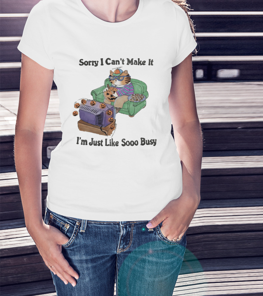 Sorry I Can't Make It I'm Just Like Sooo Busy Cat Carving Pumpkin With TV And Snacks T-Shirt
