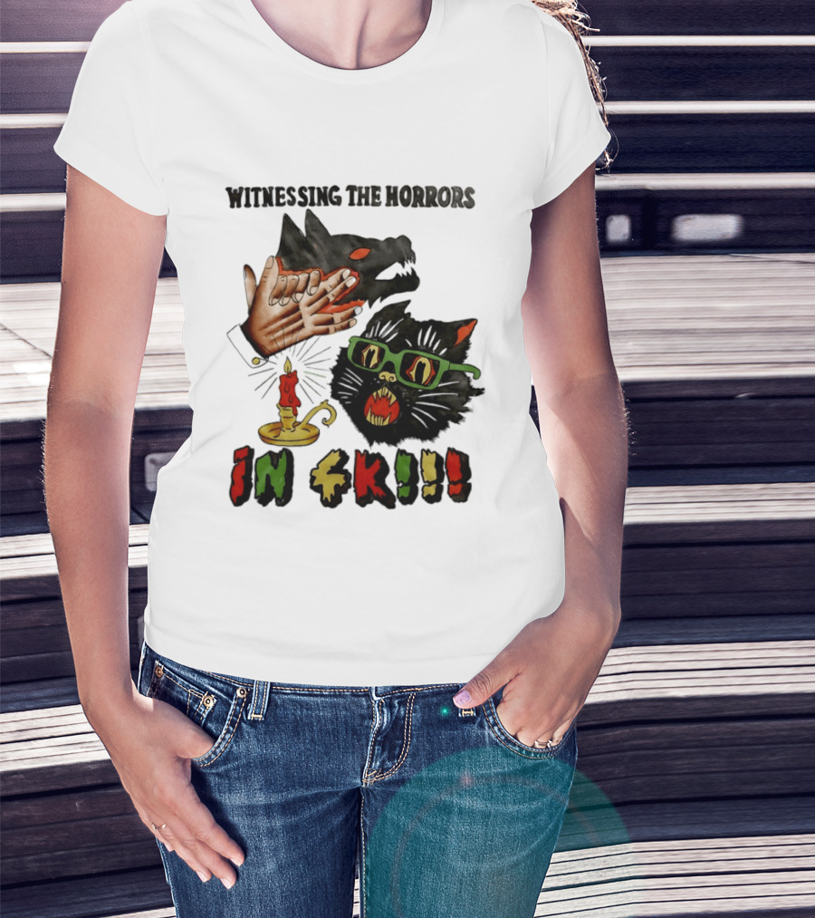 Witnessing The Horrors Horror Cat Candle In 4K T-Shirt
