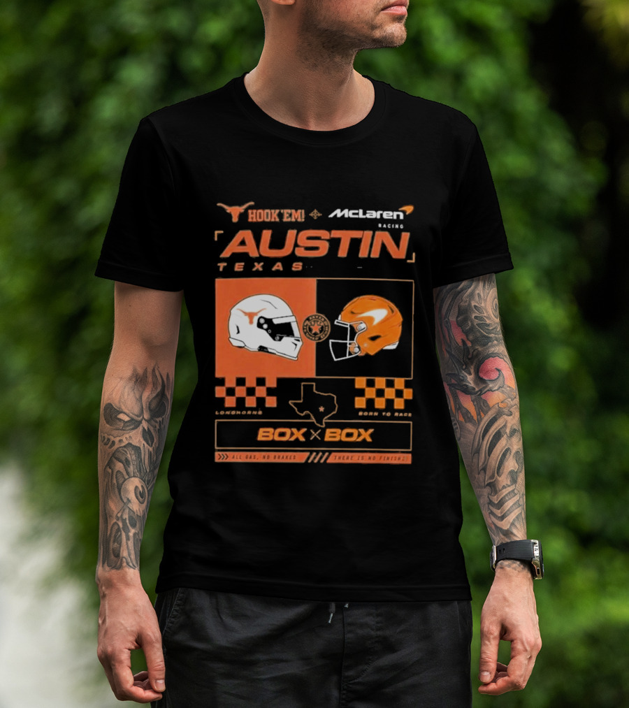 Hook 'Em McLaren Racing Austin Texas Head To Head Box X Box T-Shirt