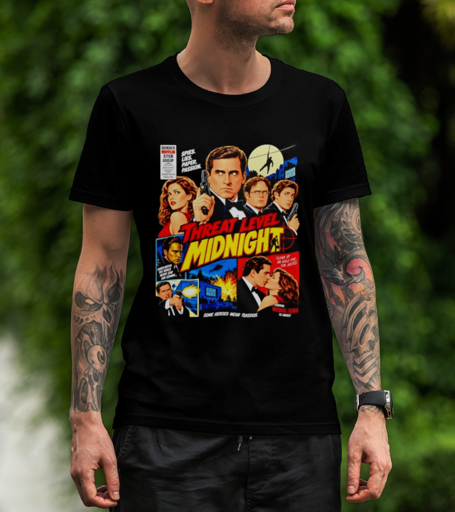 Threat Level Midnight Spies Lies Paper Passion Dunder Mifflin Group Heroes Tuxedos T-Shirt